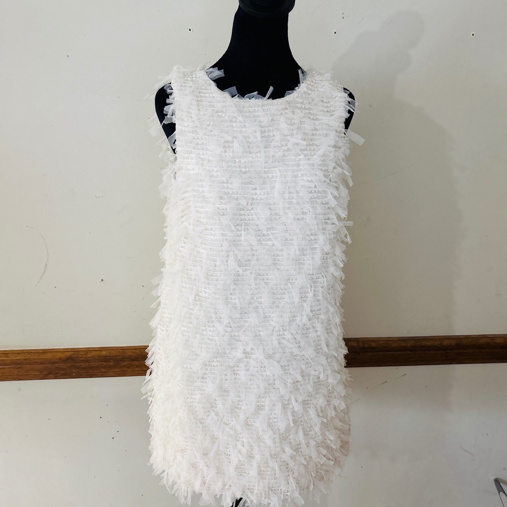 Mable Fringe Tulle Mini Dress Womens Small ivory White Oversized Back Bow